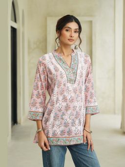 House of Chikankari - Pink Cotton Chikankari Printed Kurti