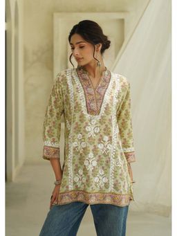 House of Chikankari - Yellow Cotton Chikankari Printed Kurti