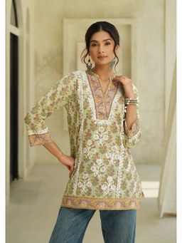 House of Chikankari - Green Cotton Chikankari Printed Kurti