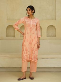 House of Chikankari - Peach Modal Chikankari Kurta