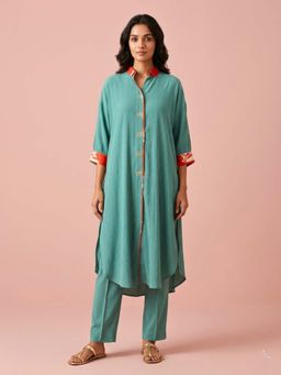 "Two Sisters" by Gyans - Sea Green Relaxed Contrast Detail Kurta with Pant