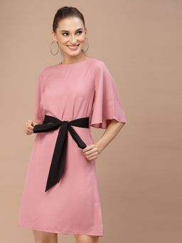 KASSUALLY - Pink Solid Waist Band Flared Sleeves A-Line Dress