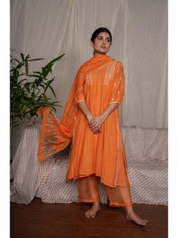 PANTS AND PAJAMAS - Orange Chikan Embroidered Kurta (Set of 3)