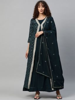 Readiprint - Anarkali Style Teal Color Kurti with Bottom and Dupatta with Jacket (Set of 4)