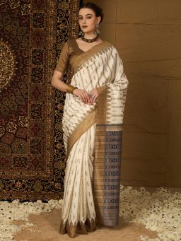 Sareemall - Womens Bhagalpuri Silk Off White Printed Designer Saree with Unstitched Blouse