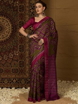 Sareemall - Womens Bhagalpuri Silk Olive Printed Designer Saree with Unstitched Blouse