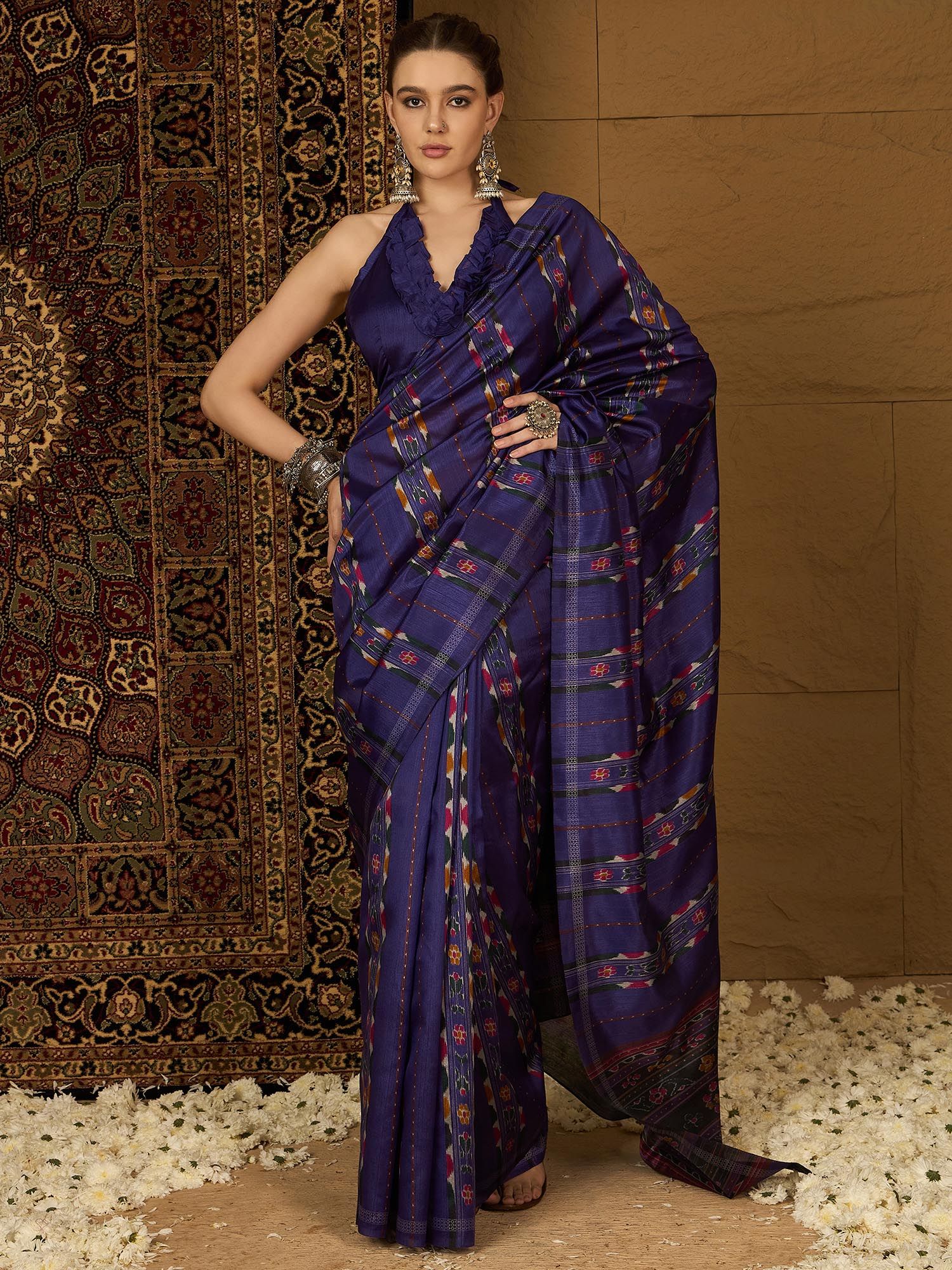 Womens Bhagalpuri Silk Purple Printed Designer Saree with Unstitched Blouse-image-48
