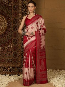 Sareemall - Womens Bhagalpuri Silk Red Printed Designer Saree with Unstitched Blouse
