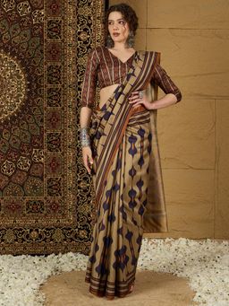 Sareemall - Womens Silk Blend Beige Printed Designer Saree with Unstitched Blouse