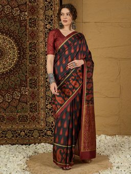 Sareemall - Womens Silk Blend Black Printed Designer Saree with Unstitched Blouse