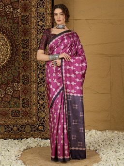 Sareemall - Womens Silk Blend Rani Pink Printed Designer Saree with Unstitched Blouse