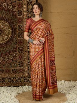Sareemall - Womens Silk Blend Rust Printed Designer Saree with Unstitched Blouse