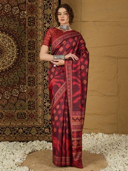 Sareemall - Womens Silk Blend Red Printed Designer Saree with Unstitched Blouse