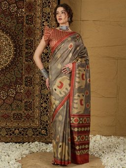 Sareemall - Womens Silk Blend Grey Printed Designer Saree with Unstitched Blouse
