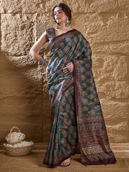 Sareemall - Womens Silk Blend Teal Floral Printed Designer Saree with Unstitched Blouse