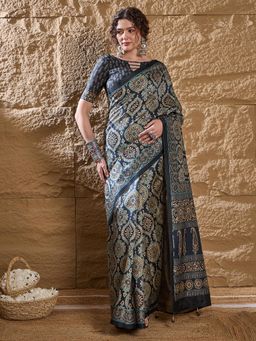 Sareemall - Womens Silk Blend Navy Blue Floral Printed Designer Saree with Unstitched Blouse