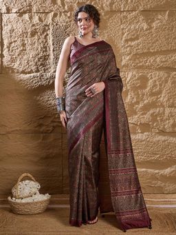 Sareemall - Womens Silk Blend Olive Printed Designer Saree with Unstitched Blouse