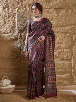 Sareemall - Womens Silk Blend Navy Blue Printed Designer Saree with Unstitched Blouse