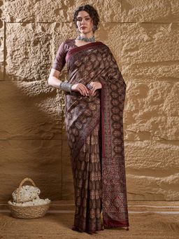 Sareemall - Womens Silk Blend Brown Floral Printed Designer Saree with Unstitched Blouse