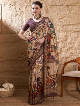 Sareemall - Womens Poly Silk Beige Floral Printed Designer Saree with Unstitched Blouse