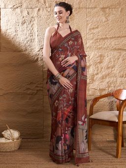 Sareemall - Womens Poly Silk Brown Floral Printed Designer Saree with Unstitched Blouse