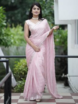 Sareemall - Womens Pure Chiffon Pink Stripes Embellished Designer Saree with Unstitched Blouse