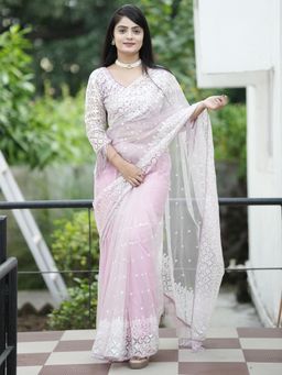 Sareemall - Womens Net Pink Embellished Designer Saree with Unstitched Blouse