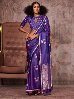 Akhilam - Womens Silk Blend Purple Woven Design Designer Saree with Unstitched Blouse