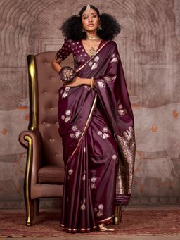 Akhilam - Womens Silk Blend Burgundy Woven Design Designer Saree with Unstitched Blouse