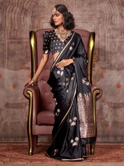 Akhilam - Womens Silk Blend Black Woven Design Designer Saree with Unstitched Blouse