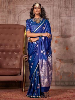 Akhilam - Womens Silk Blend Navy Blue Woven Design Designer Saree with Unstitched Blouse