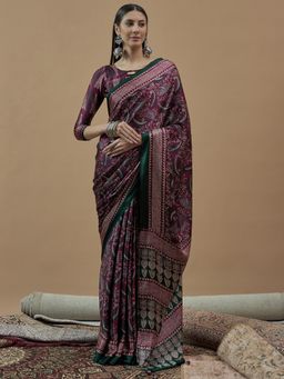 Sareemall - Womens Georgette Wine Printed Designer Saree with Unstitched Blouse
