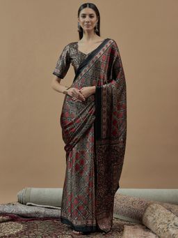 Sareemall - Womens Georgette Grey Printed Tassels Saree with Unstitched Blouse