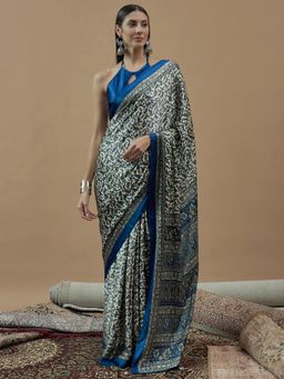 Sareemall - Womens Georgette Off White- Blue Floral Printed Tassels Saree with Unstitched Blouse