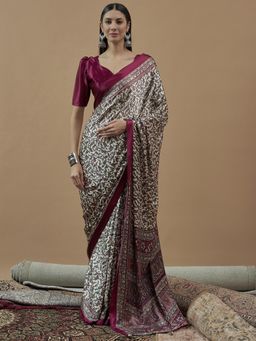 Sareemall - Womens Georgette Off White- Maroon Floral Printed Tassels Saree with Unstitched Blouse