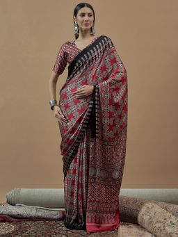 Sareemall - Womens Moonga Silk Maroon Printed Designer Saree with Unstitched Blouse