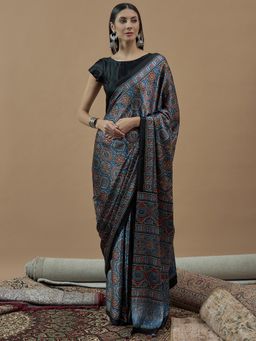 Sareemall - Womens Chiffon Blue Printed Designer Saree with Unstitched Blouse