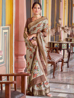 Sareemall - Womens Silk Blend Beige Floral Woven Design Saree with Unstitched Blouse