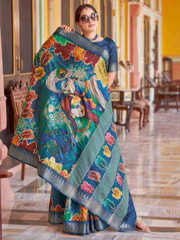 Sareemall - Womens Silk Blend Navy Blue Woven Zari Design Saree with Unstitched Blouse