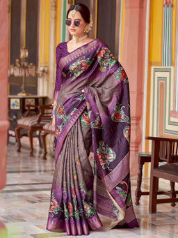 Sareemall - Womens Silk Blend Purple Floral Woven Design Saree with Unstitched Blouse