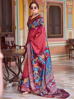 Sareemall - Womens Silk Blend Maroon Floral Woven Design Saree with Unstitched Blouse