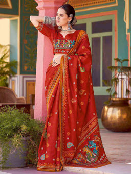 Sareemall - Womens Silk Blend Red Floral Printed Designer Saree with Unstitched Blouse