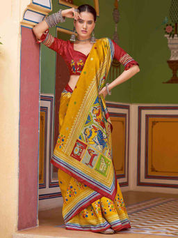 Sareemall - Womens Silk Blend Mustard Printed Designer Saree with Unstitched Blouse