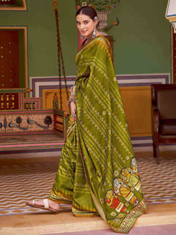 Sareemall - Womens Silk Blend Olive Printed Designer Saree with Unstitched Blouse