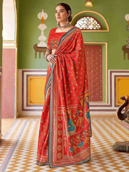 Sareemall - Womens Silk Blend Red Floral Printed Designer Saree with Unstitched Blouse