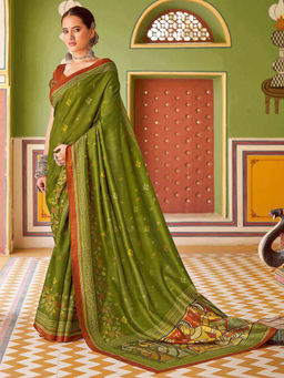 Sareemall - Womens Silk Blend Green Floral Printed Designer Saree with Unstitched Blouse