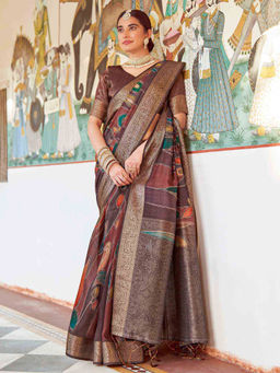Sareemall - Womens Poly Silk Brown Woven Design Saree with Unstitched Blouse