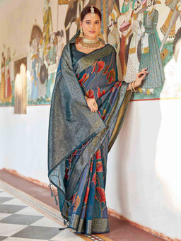 Sareemall - Womens Poly Silk Navy Blue Woven Design Saree with Unstitched Blouse