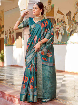 Sareemall - Womens Poly Silk Teal Woven Design Saree with Unstitched Blouse
