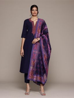 Aarke Ritu Kumar - Navy Blue Embroidered Naina Kurta with Pant and Dupatta (Set of 3)